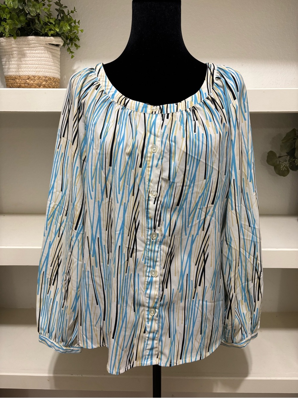 Ninety White Button-Front Top with Blue and Black Brushstroke Stripe